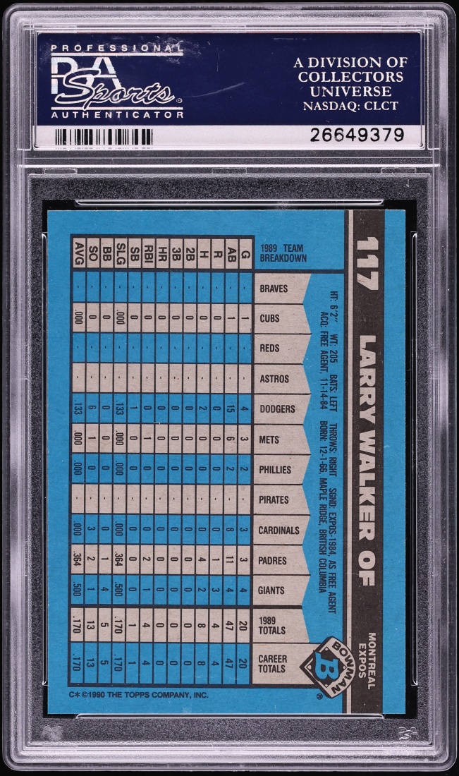 1990 Bowman Larry Walker ROOKIE #117 PSA 10 GEM MINT