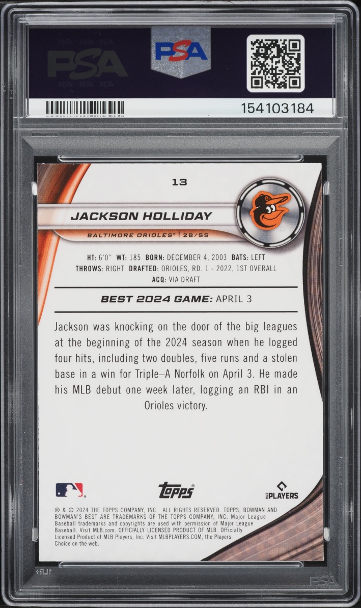 2024 Bowman's Best Jackson Holliday ROOKIE #13 PSA 10 GEM MINT