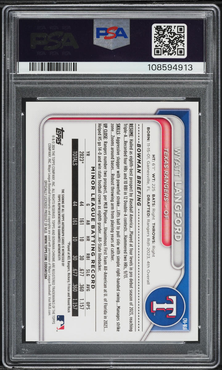 2024 Bowman Chrome Wyatt Langford PROSPECT AUTO #CPA-WLA PSA 10 GEM MINT