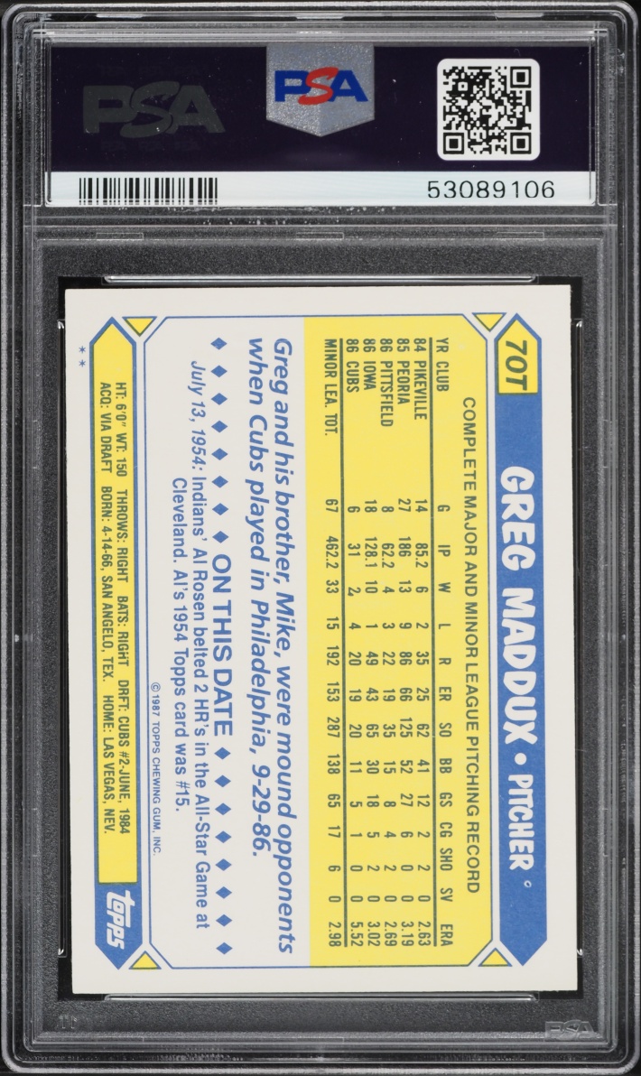 1987 Topps Traded Greg Maddux ROOKIE #70T PSA 10 GEM MINT