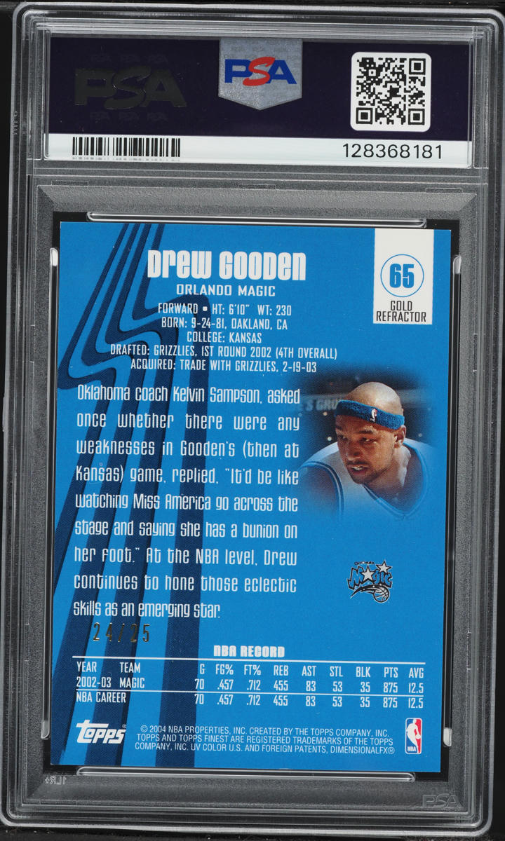 2003 Finest Gold Refractor Drew Gooden /25 #65 PSA 8 NM-MT