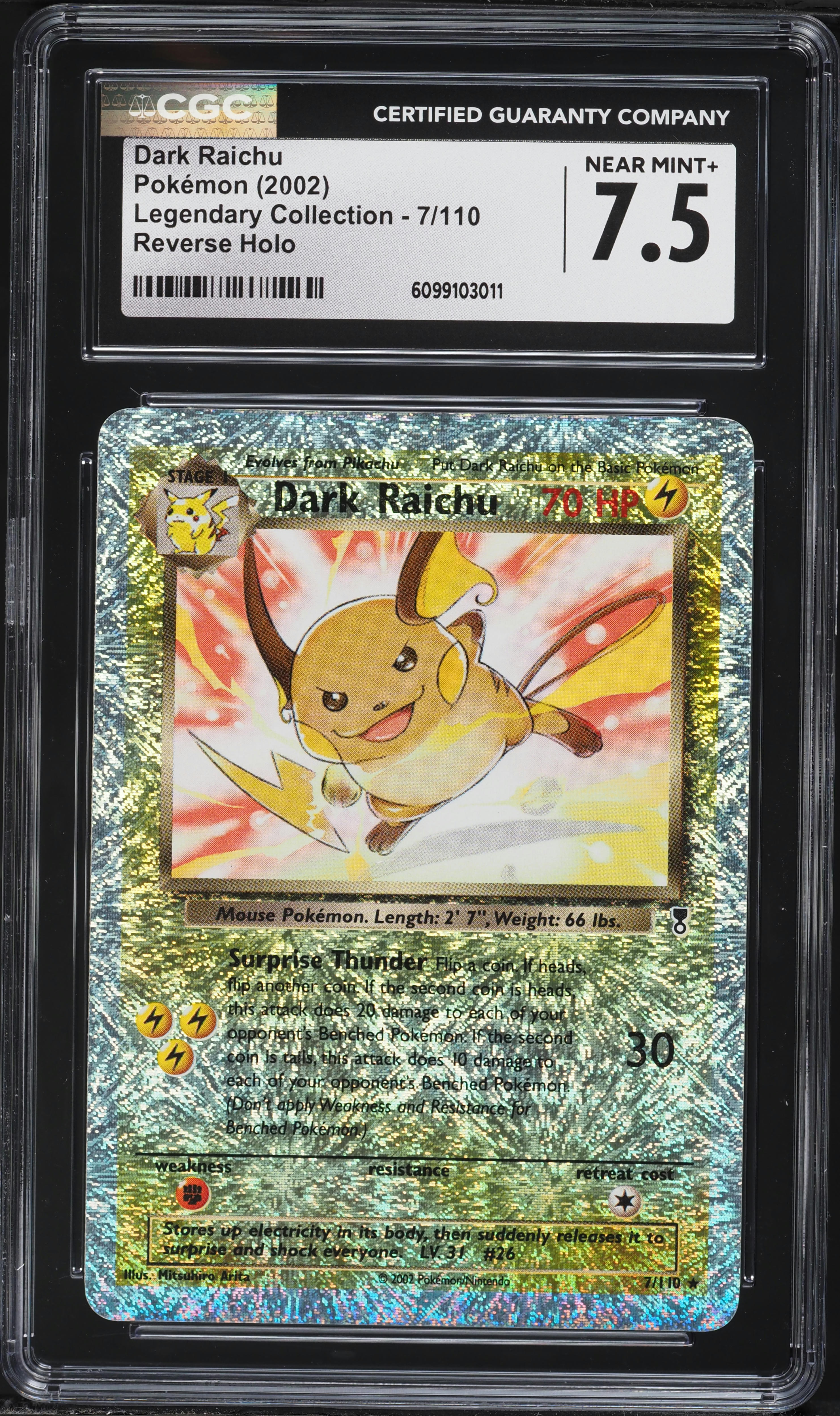 2002 Pokemon Legendary Collection Reverse Holo Dark Raichu #7 CGC 7.5 NRMT+
