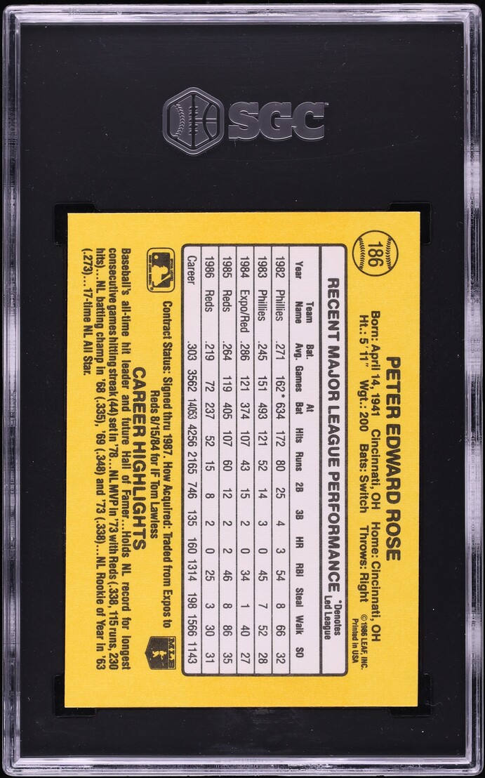1987 Donruss Pete Rose #186 SGC 8 NM-MT