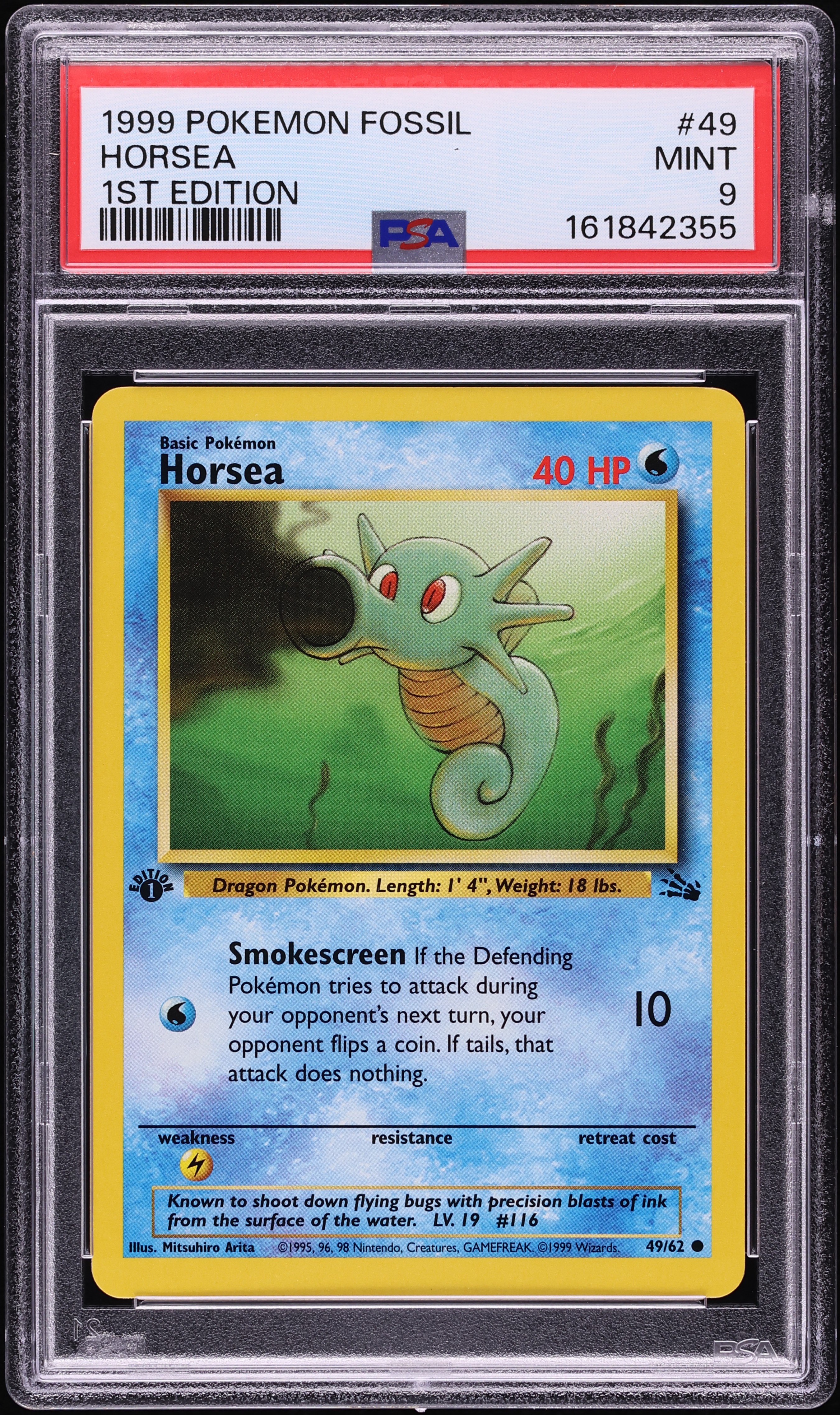 1999 Pokemon Fossil 1st Edition Horsea #49 PSA 9 MINT