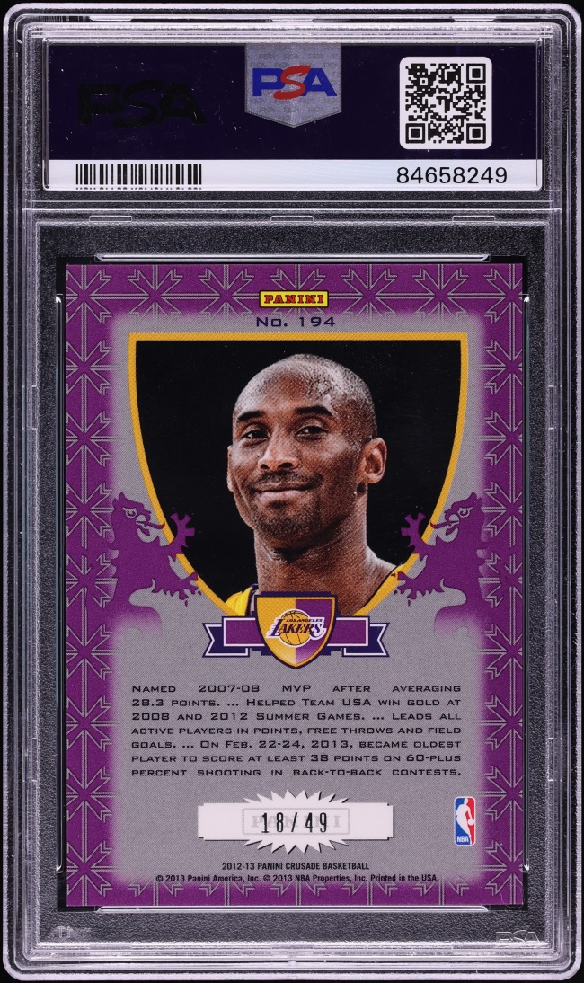2012 Panini Crusade Purple & Gold Prizm Kobe Bryant /49 #194 PSA 9 MINT - Photo 2