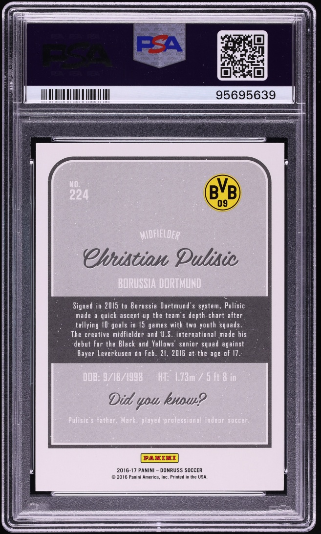 2016 Donruss Holographic Christian Pulisic ROOKIE #224 PSA 10 GEM MINT - Photo 2