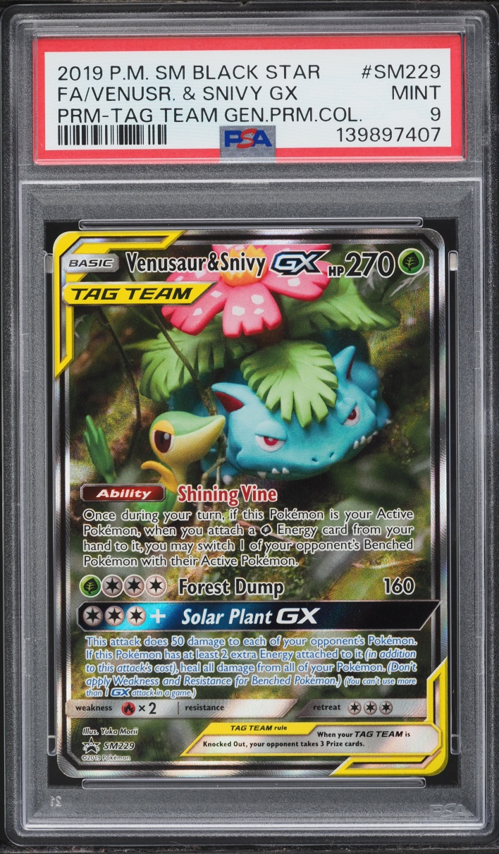 2019 Pokemon SM Promo Tag Team Generations Premium Full Art Venusaur & Snivy GX #SM229 PSA 9