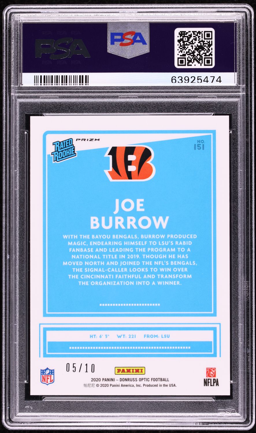 2020 Donruss Optic Gold Joe Burrow ROOKIE /10 #151 PSA 10 GEM MINT