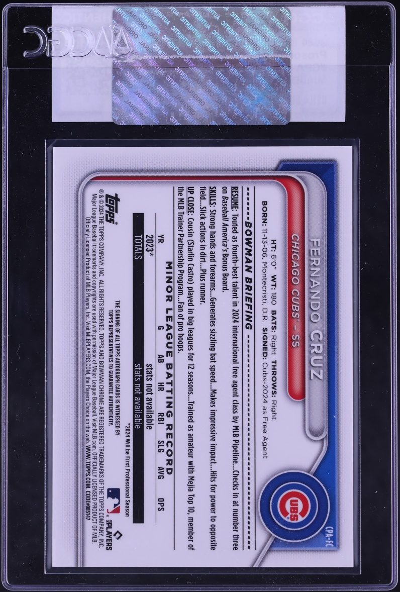 2024 Bowman Chrome Mini Diamond Refractor Fernando Cruz PROSPECT AUTO /100 #CPA-FC CGC AUTH