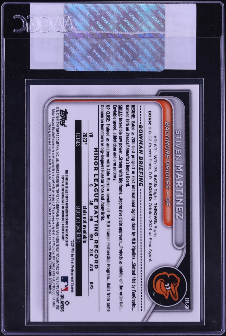 2024 Bowman Chrome Blue Refractor Stiven Martinez PROSPECT AUTO /150 #CPA-SM CGC AUTH