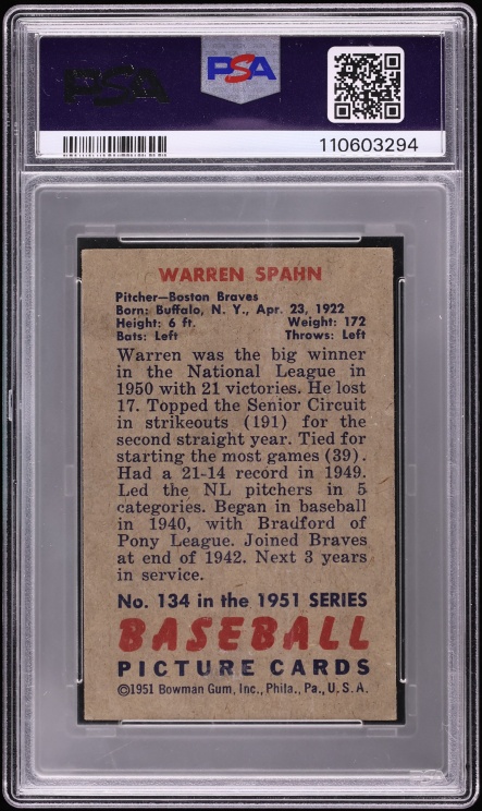 1951 Bowman Warren Spahn #134 PSA 4 VGEX