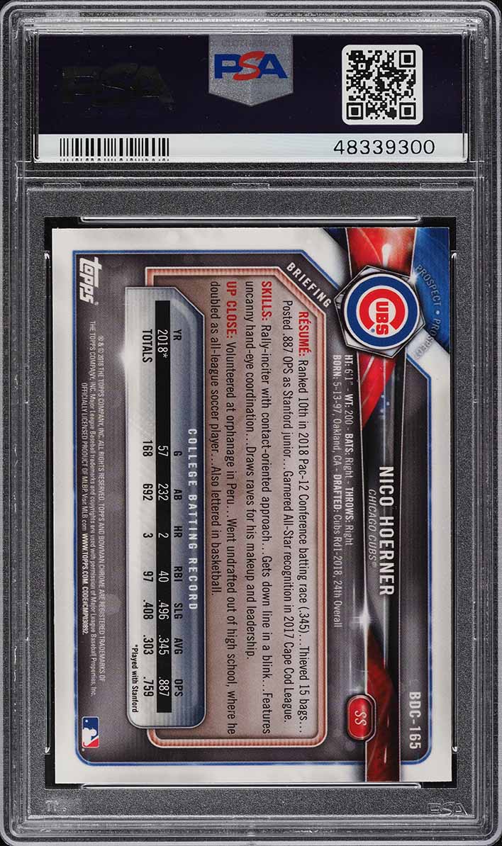 2018 Bowman Chrome Draft Nico Hoerner PROSPECT #BDC165 PSA 10 GEM MINT