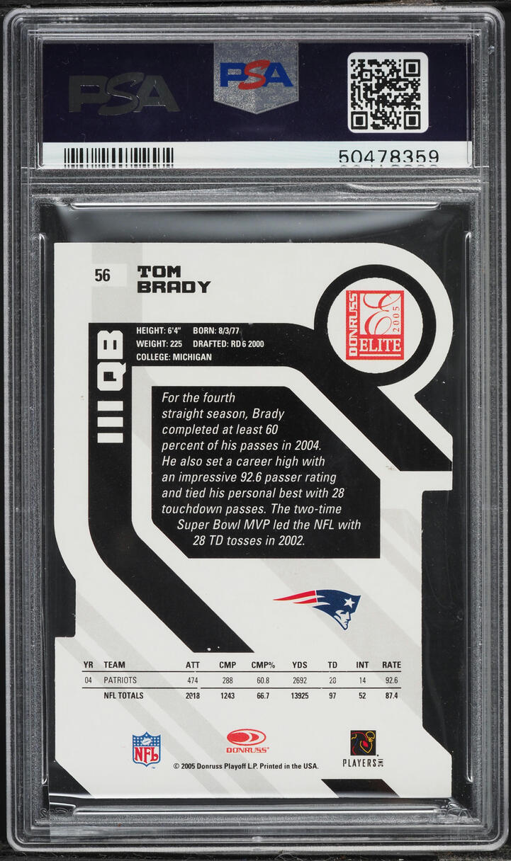 2005 Donruss Elite Status Red Die-Cut Tom Brady /12 #56 PSA 9 MINT - Photo 2