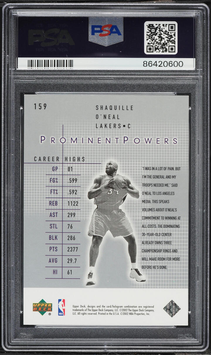 2002 Upper Deck Finite Shaquille O'Neal /250 #159 PSA 10 GEM MINT - Photo 2