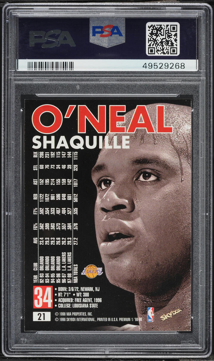 1998 Skybox Premium Shaquille O'Neal #21 PSA 10 GEM MINT - Photo 2