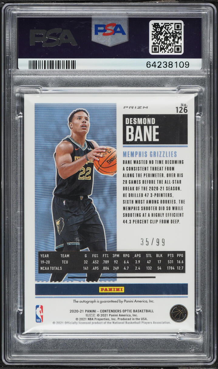 2020 Panini Contenders Optic Blue Desmond Bane ROOKIE AUTO /99 #126 PSA 10 GEM MINT - Photo 2