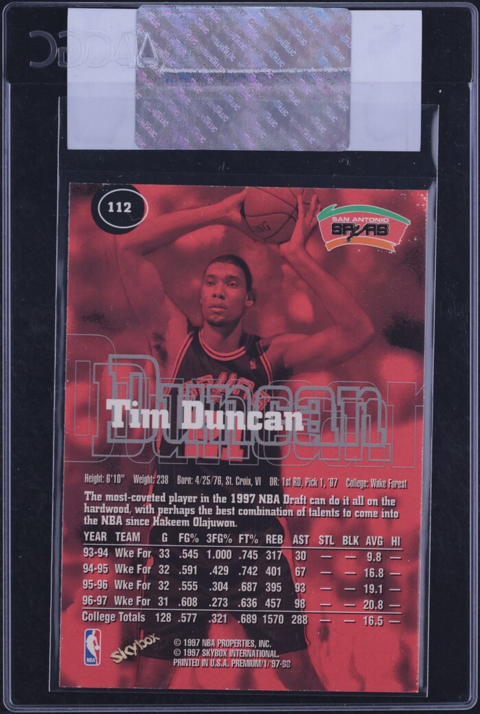1997 Skybox Premium Tim Duncan ROOKIE #112 CGC AUTH