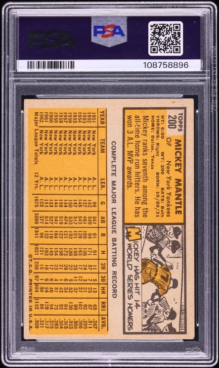 1963 Topps Mickey Mantle #200 PSA 3 VG