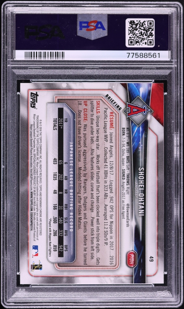 2018 Bowman Shohei Ohtani ROOKIE #49 PSA 9 MINT