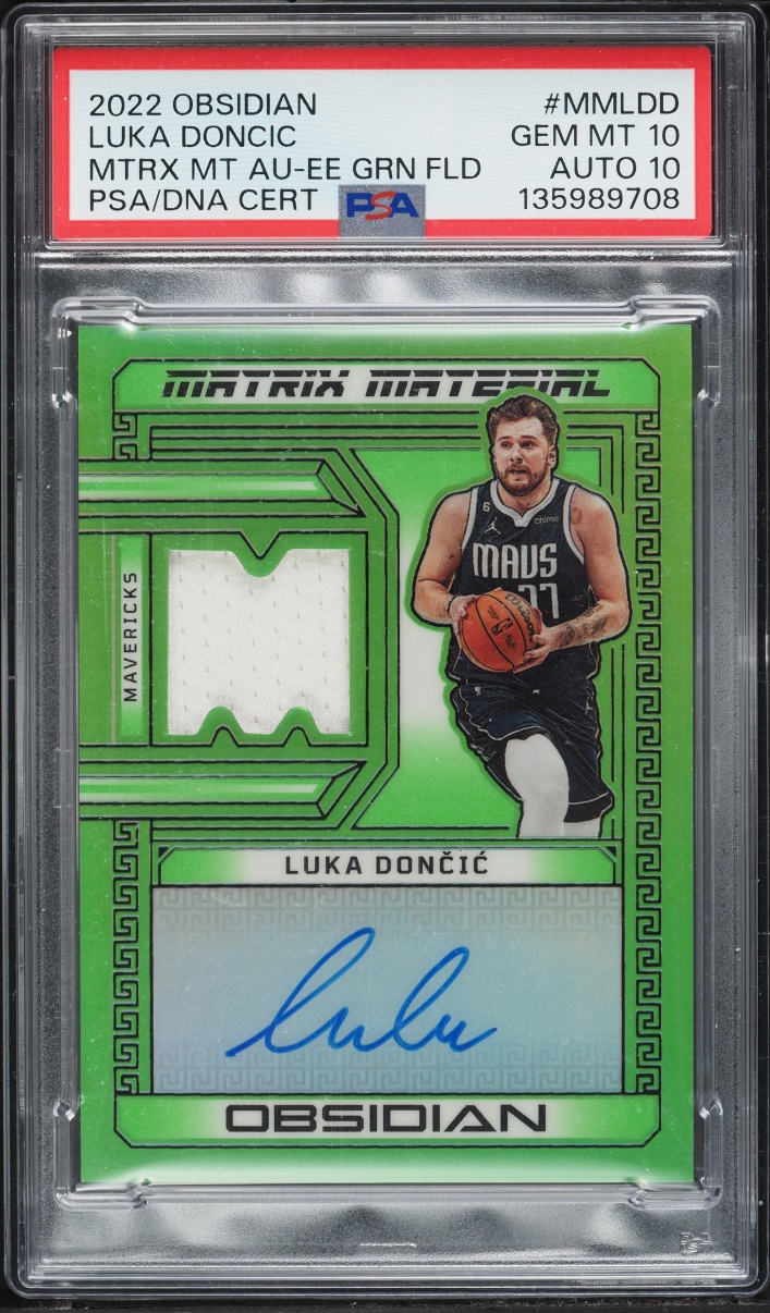 2022 Panini Obsidian Matrix Electric Etch Green Flood Luka Doncic PATCH AUTO DNA 10 /20 PSA 10