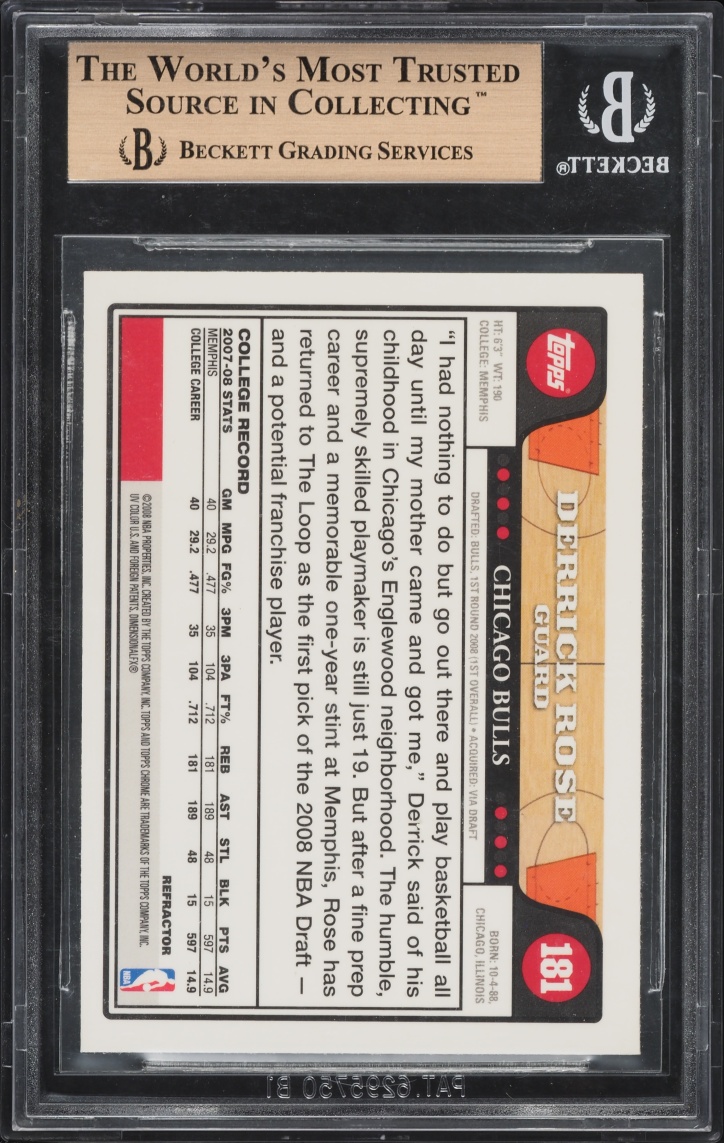 2008 Topps Chrome Refractor Derrick Rose ROOKIE #181 BGS 9.5 GEM MINT