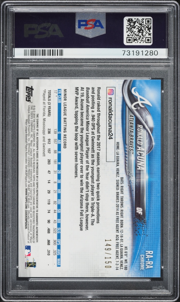 2018 Topps Chrome Blue Refractor Ronald Acuna Jr. ROOKIE AUTO /150 #RA-RA PSA 10 GEM MINT