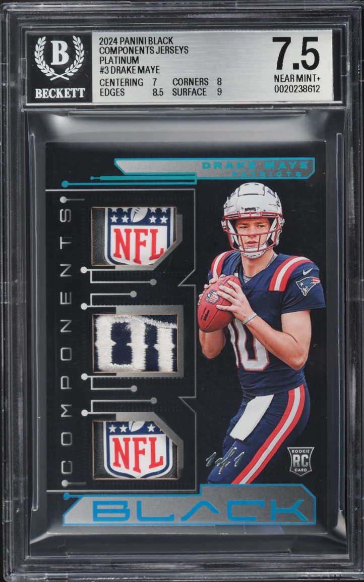 2024 Panini Black Components Platinum Drake Maye ROOKIE SHIELD PATCH 1/1 #3 BGS 7.5 NRMT+
