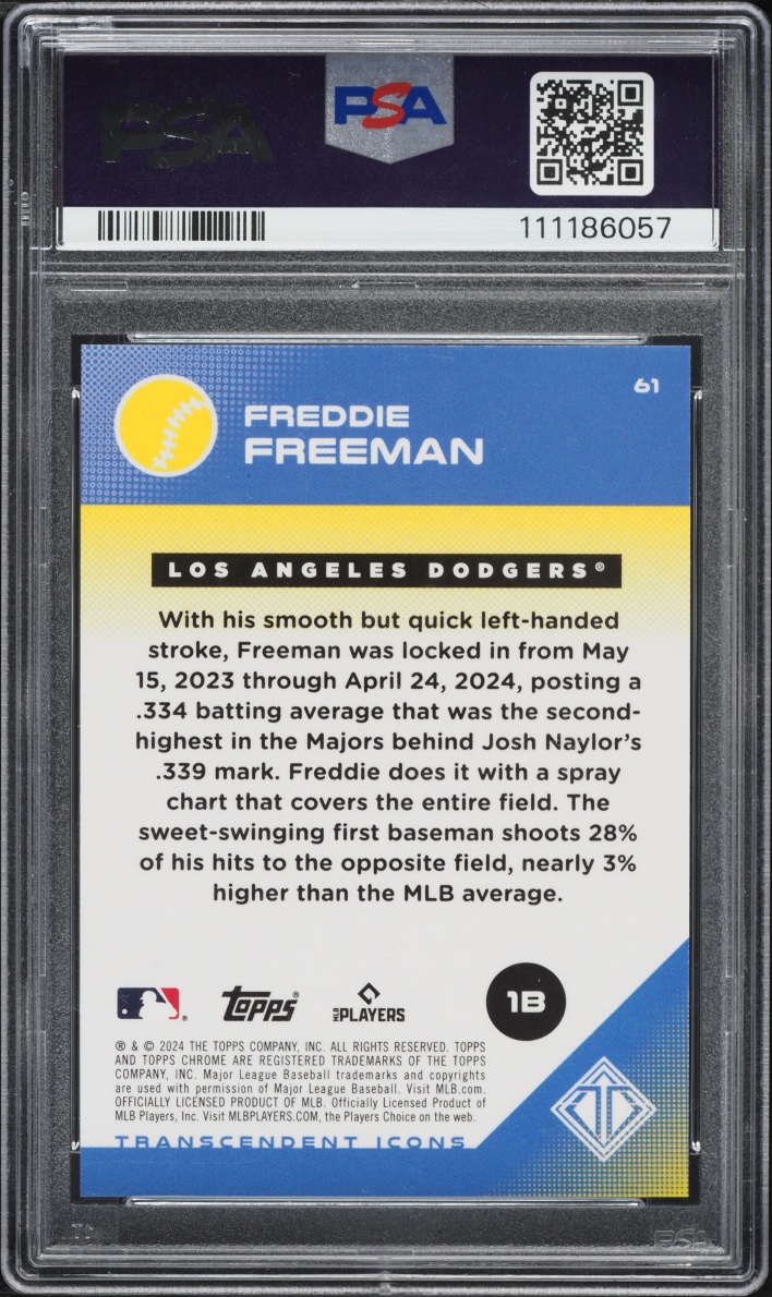 2024 Topps Transcendent Collection Icons Chrome Superfractor Freddie Freeman 1/1 #61 PSA 9 MINT