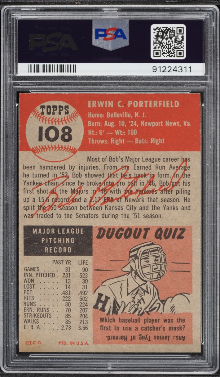 1953 Topps Bob Porterfield #108 PSA 7 NRMT