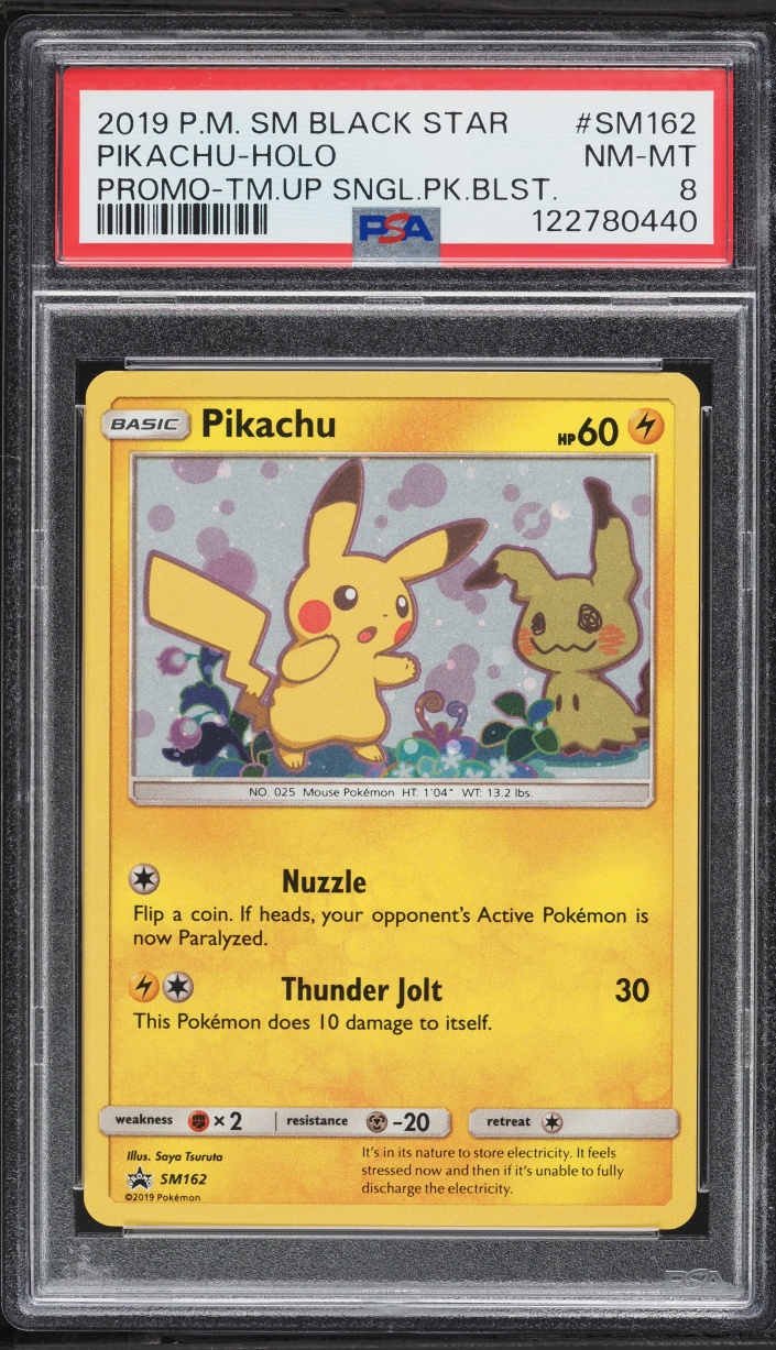 2019 Pokemon Sun & Moon Black Star Promo Team Up Holo Pikachu #SM162 PSA 8 NM-MT