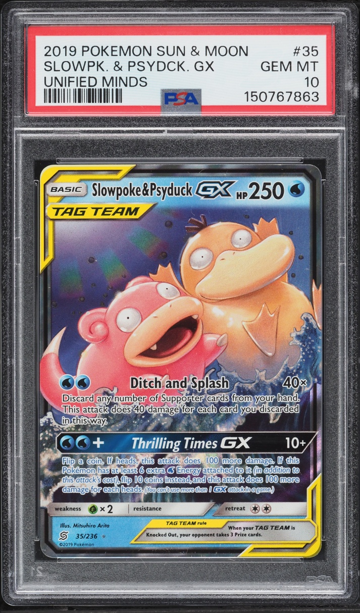 2019 Pokemon Sun & Moon Unified Minds Holo Slowpoke & Psyduck GX #35 PSA 10 GEM MINT