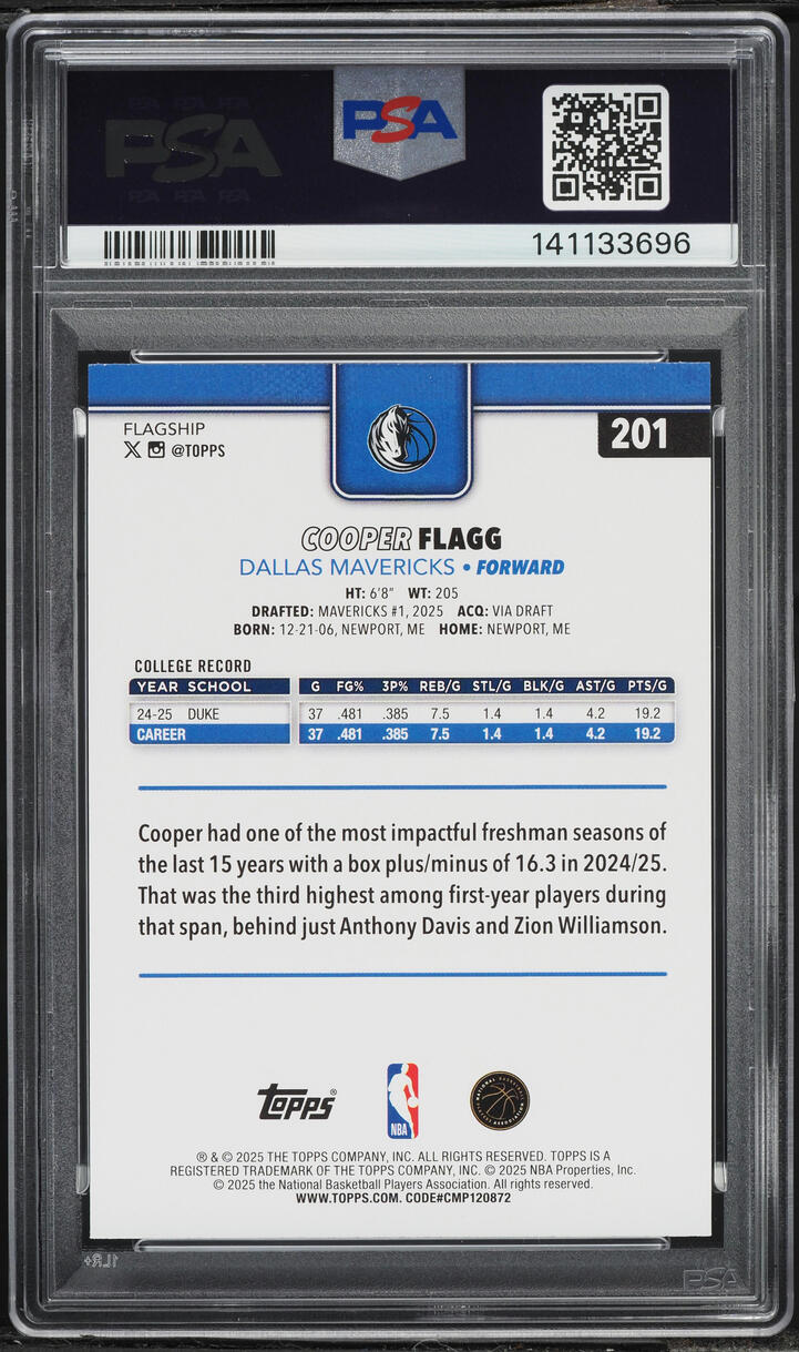 2025 Topps Basketball Cooper Flagg ROOKIE #201 PSA 10 GEM MINT