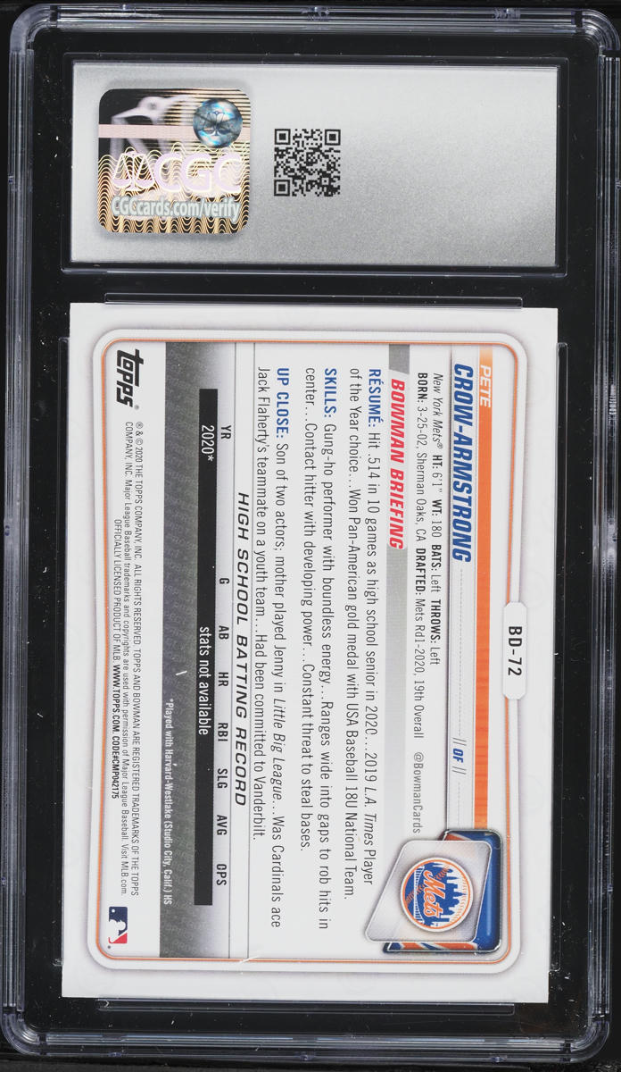 2020 Bowman Draft Pete Crow-Armstrong PROSPECT #BD-72 CGC 10 GEM MINT