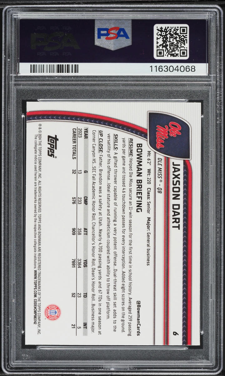 2024 Bowman Chrome University Jaxson Dart ROOKIE #6 PSA 9 MINT