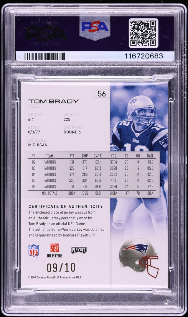 2007 Playoff NFL Material Gold Prime Tom Brady PATCH /10 #56 PSA 8 NM-MT - Photo 2