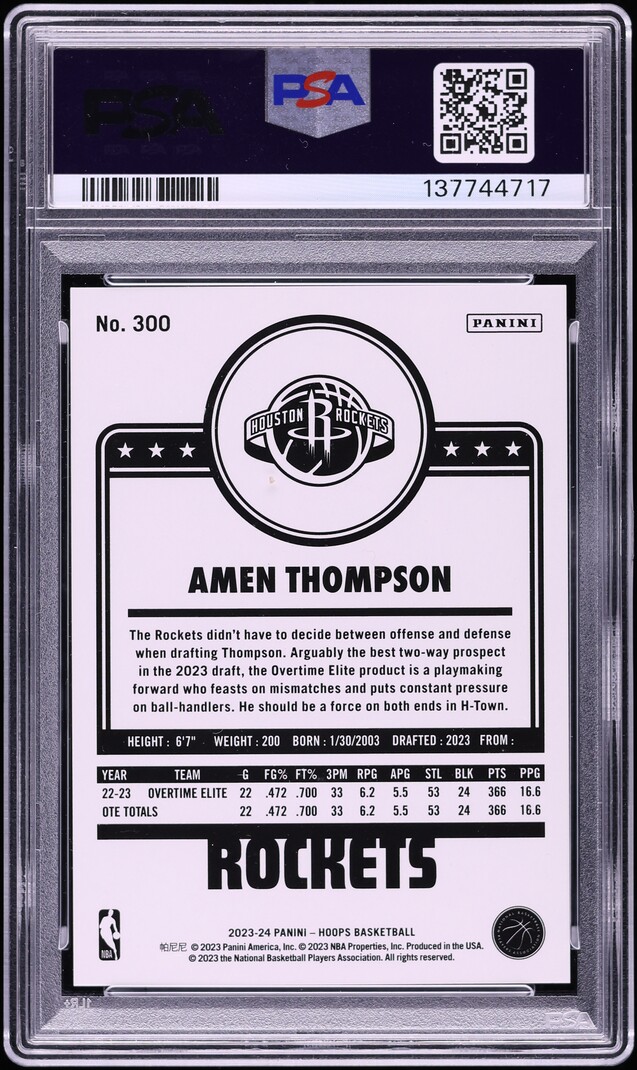 2023 Hoops Artist Proof Gold Amen Thompson ROOKIE /10 #300 PSA 9 MINT - Photo 2