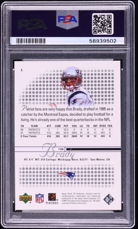 2002 SP Authentic Tom Brady #1 PSA 9 MINT - Photo 2