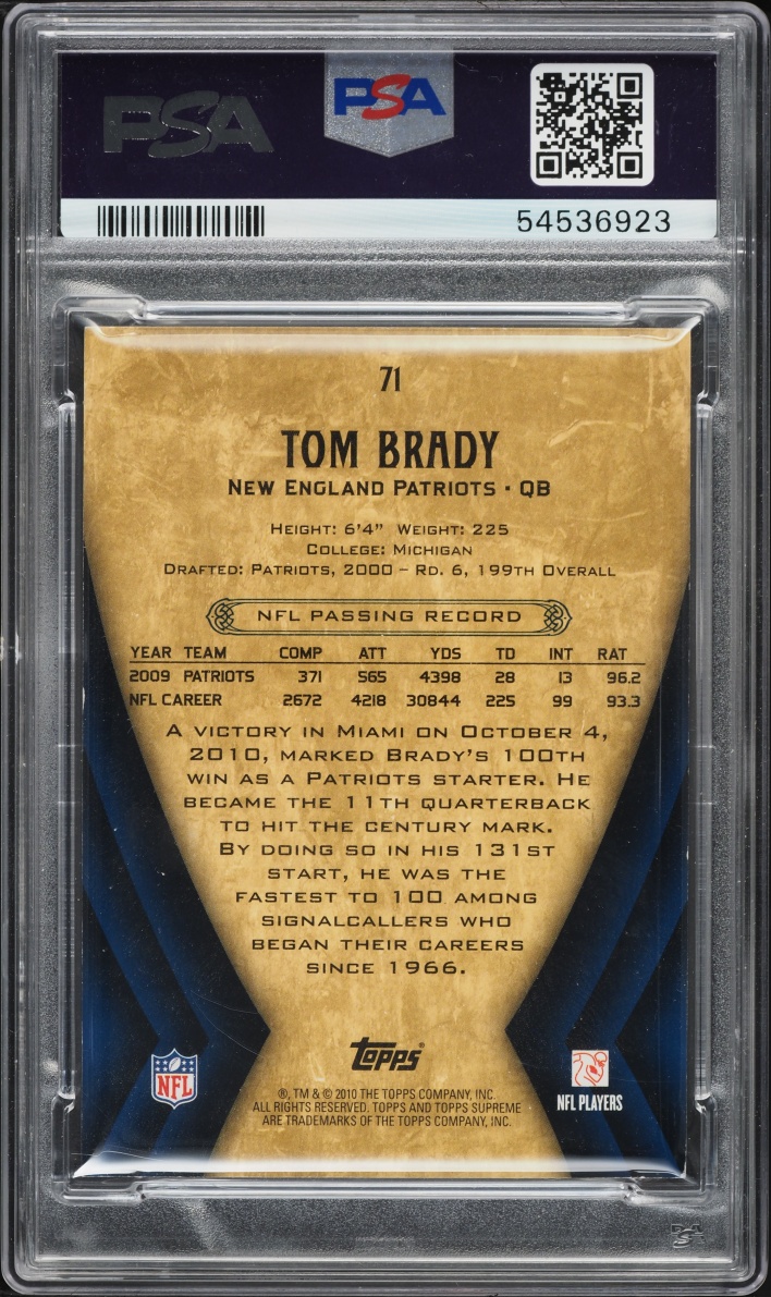 2010 Topps Supreme Blue Tom Brady 62/62 #71 PSA 8 NM-MT