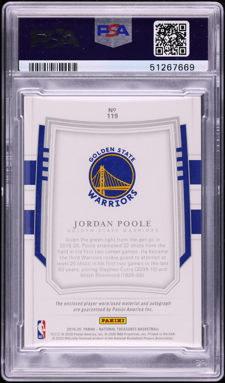 2019 National Treasures Jordan Poole ROOKIE PATCH AUTO /99 #119 PSA 9 MINT