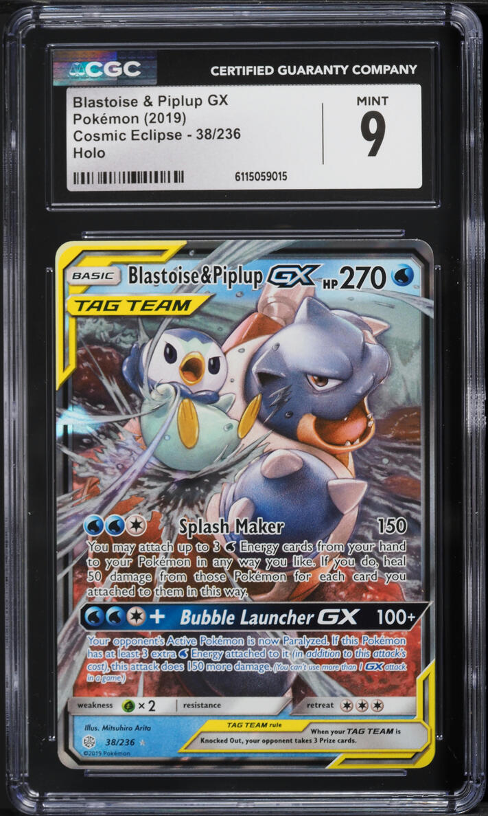 2019 Pokemon Sun & Moon Cosmic Eclipse Blastoise & Piplup GX #38 CGC 9 MINT