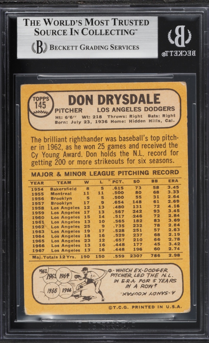 1968 Topps Don Drysdale #145 BGS 3 VG