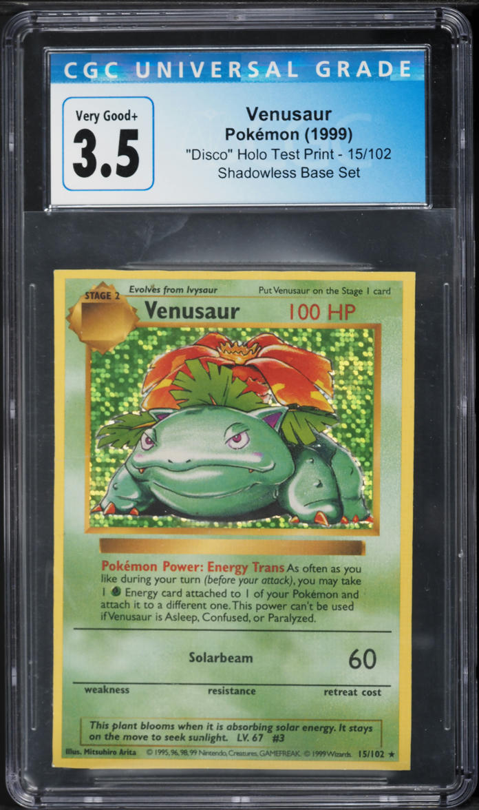 1999 Pokemon Base Set Shadowless Disco Holo Test Venusaur #15 CGC 3.5 VG+