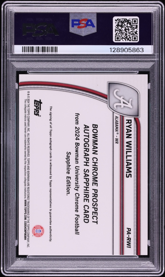 2024 Bowman Chrome University Sapphire Padparadscha Ryan Williams ROOKIE AUTO 1/1 PSA 10 GEM