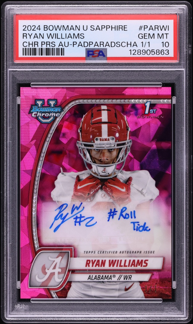 2024 Bowman Chrome University Sapphire Padparadscha Ryan Williams ROOKIE AUTO 1/1 PSA 10 GEM