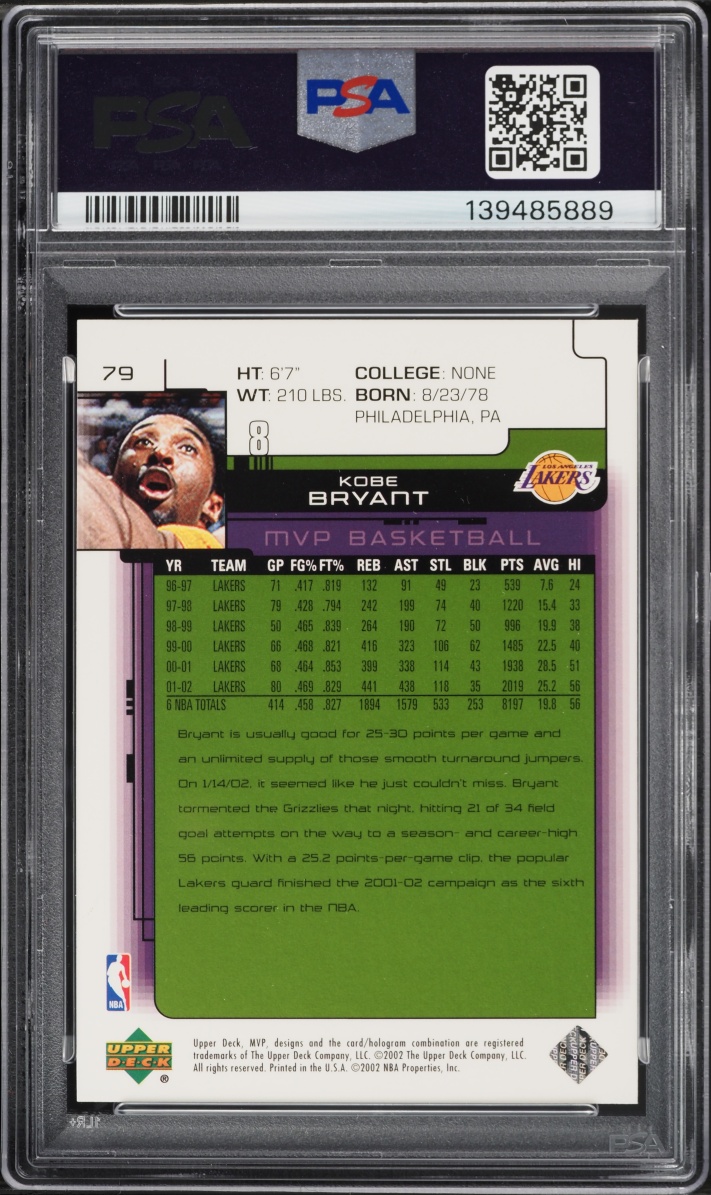2002 Upper Deck MVP Classic Kobe Bryant #79 PSA 10 GEM MINT