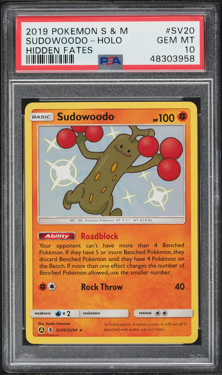 2019 Pokemon Sun & Moon Hidden Fates Holo Sudowoodo #SV20 PSA 10 GEM MINT