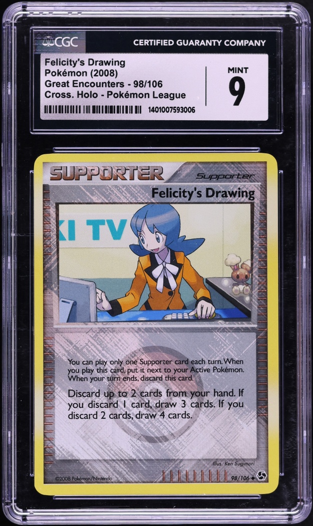 2008 Pokemon DP Great Encounters Pokemon League Crosshatch Holo Felicity's Drawing #98 CGC 9