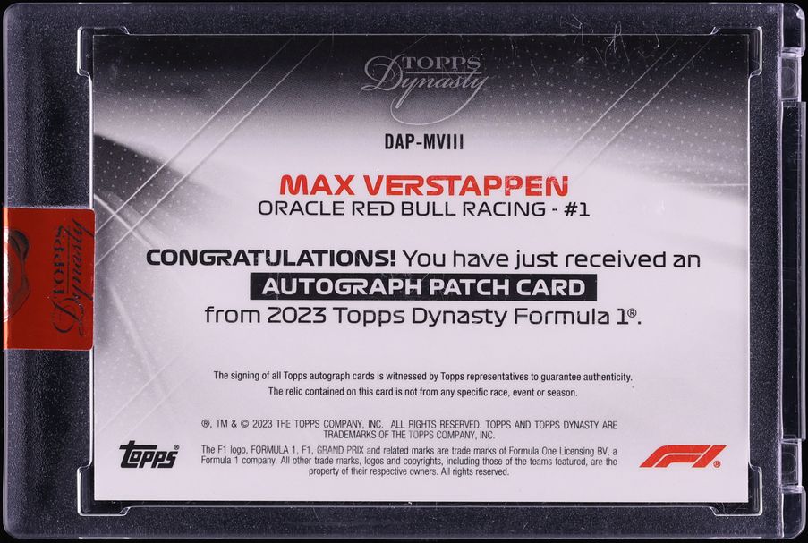 2023 Topps Dynasty Formula 1 F1 Gold Max Verstappen CASTORE LOGO PATCH AUTO 1/1 #DAP-MVIII