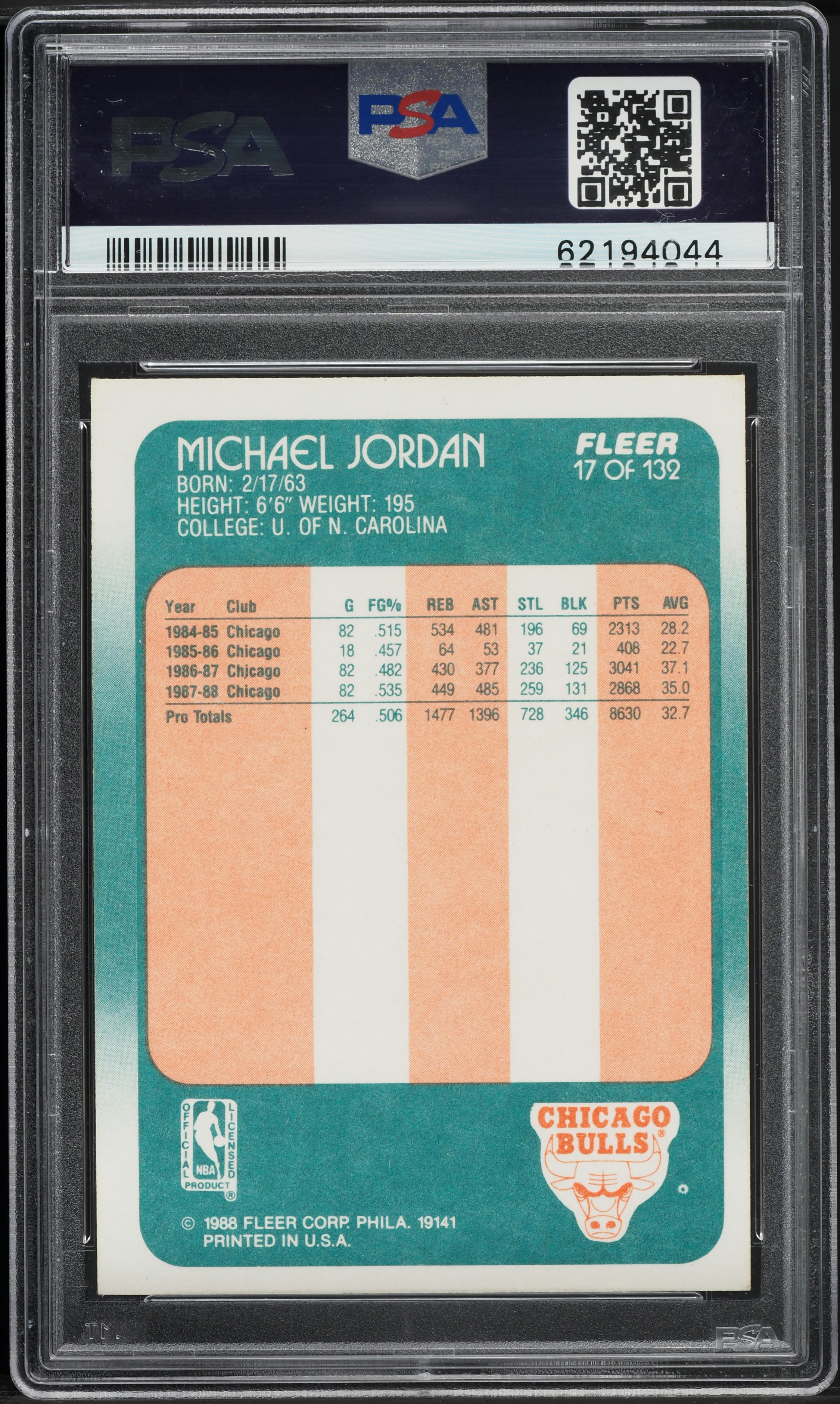 1988 Fleer Basketball Michael Jordan #17 PSA 8 NM-MT on