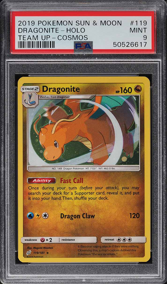 2019 Pokemon Sun & Moon Team Up Cosmos Holo Dragonite #119 PSA 9 MINT